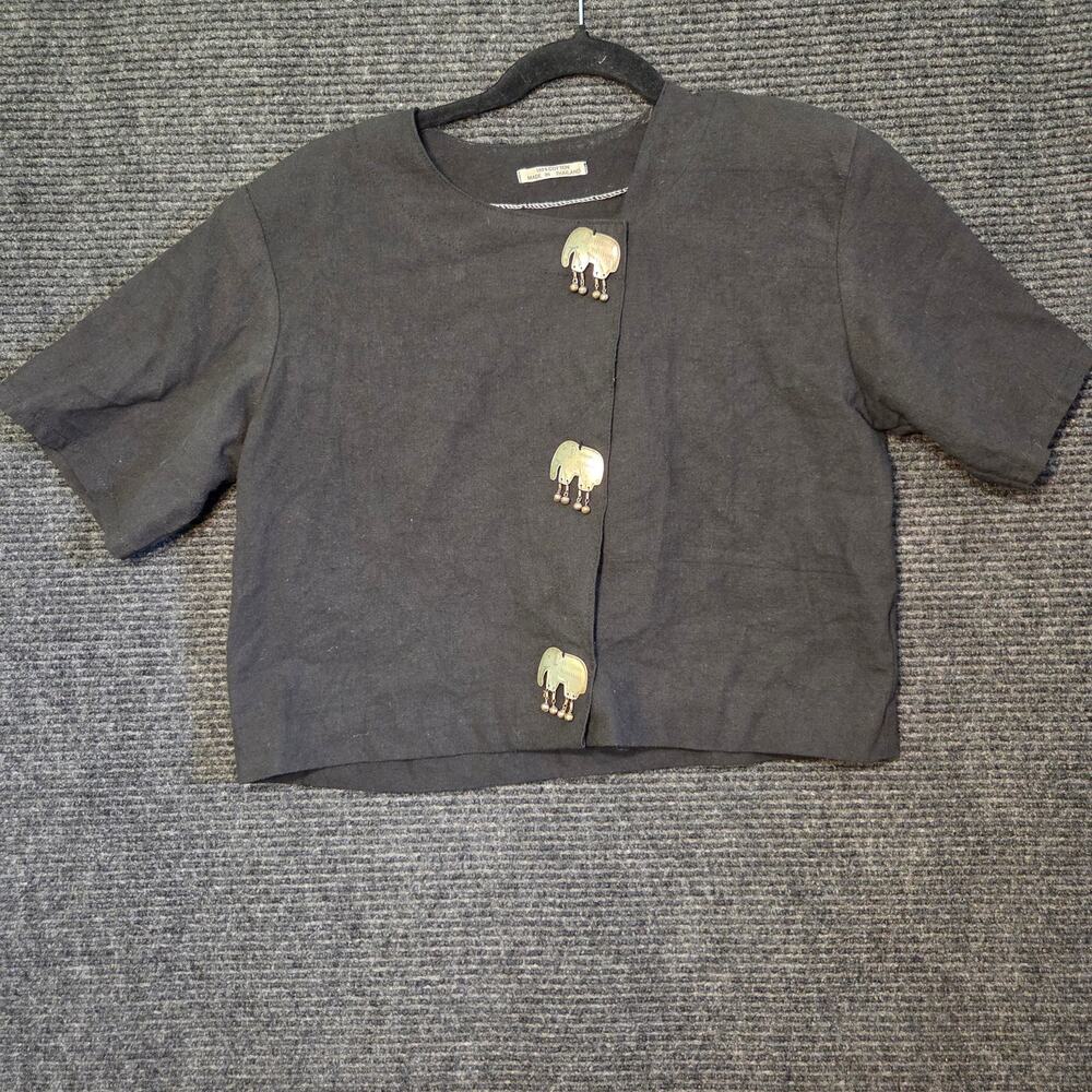 Vintage Black Cotton Boxy Crop Top Elephant Buttons Boho M/L Boho Indie